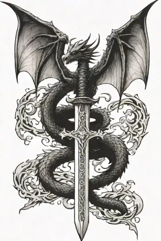 Dragon Wings Spread Behind A Sword With Tail Wrapped Around It