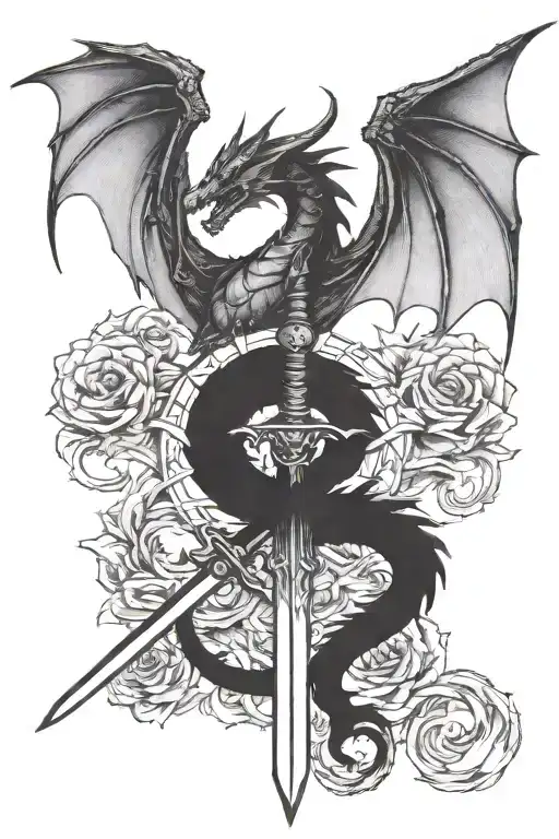 Dragon Wings Spread Behind A Sword With Tail Wrapped Around It