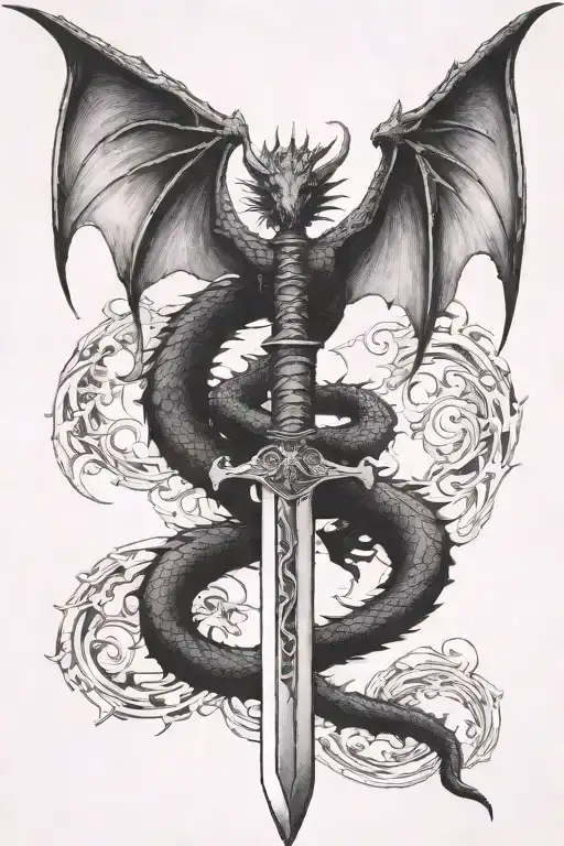 Dragon Wings Spread Behind A Sword With Tail Wrapped Around It