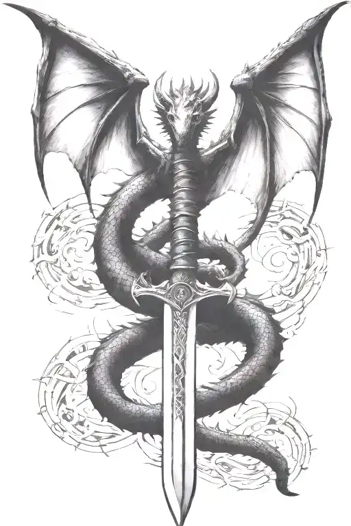 Dragon Wings Spread Behind A Sword With Tail Wrapped Around It
