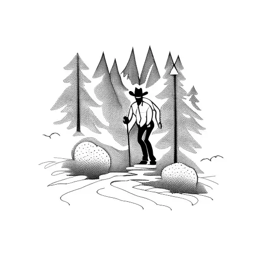 Cowboy Walking Down Trail To Mountains With Guitar On His Back