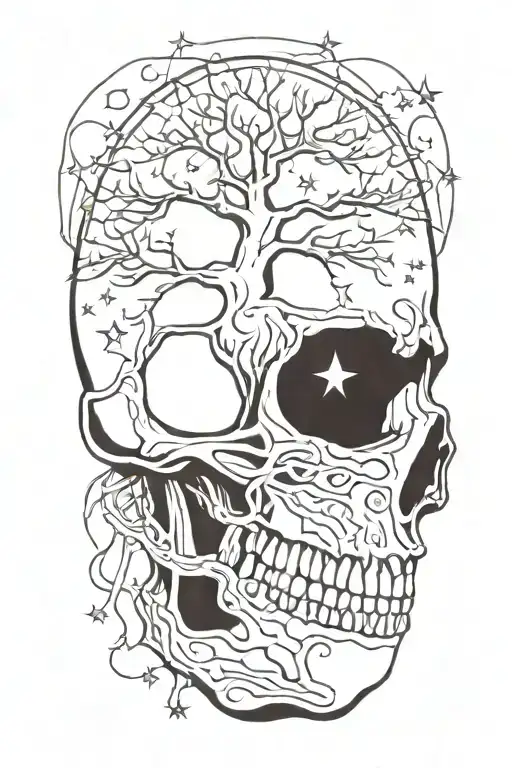 Tree Of Life With Moon And Stars And Roots Growing Out Of Skull
