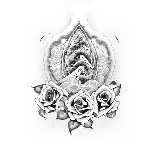 A Unique Design Combining Ocean Waves And Purple Roses In A Blackwork Style