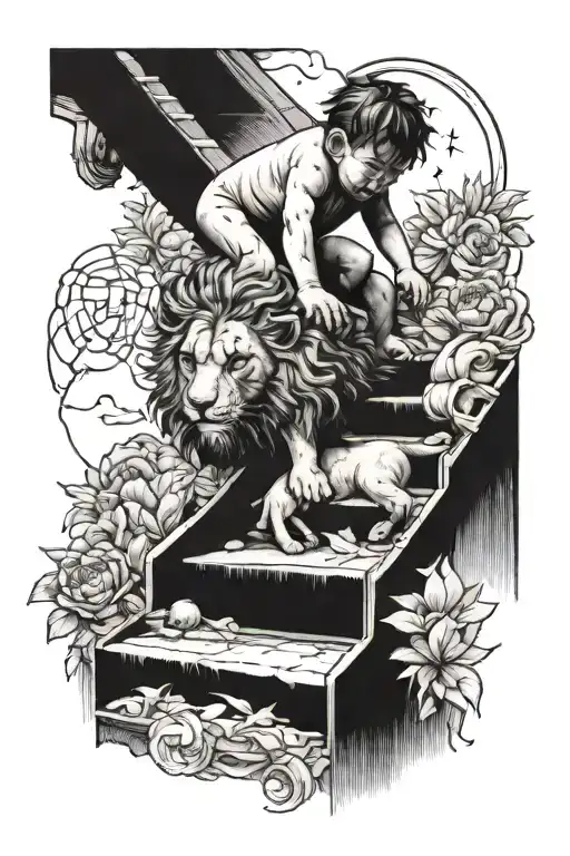 Baby Human Crawling Up Heaven Stairs With Lion Head