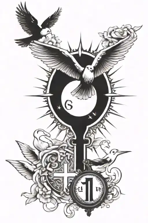 Cross With Doves Flying Towards The Sun With A Penny