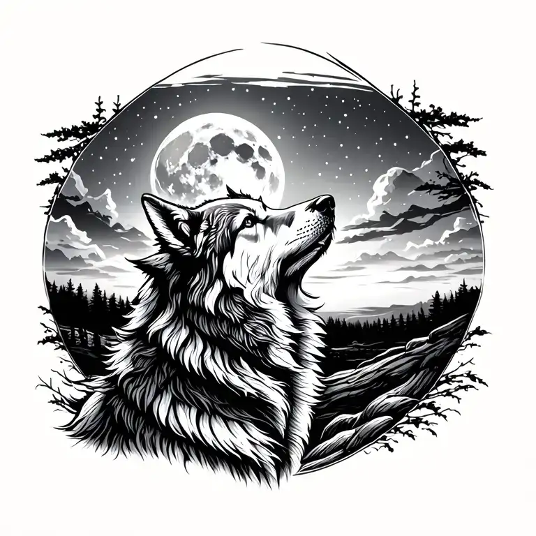 Adult Wolf Howling At The Moon In The Distance