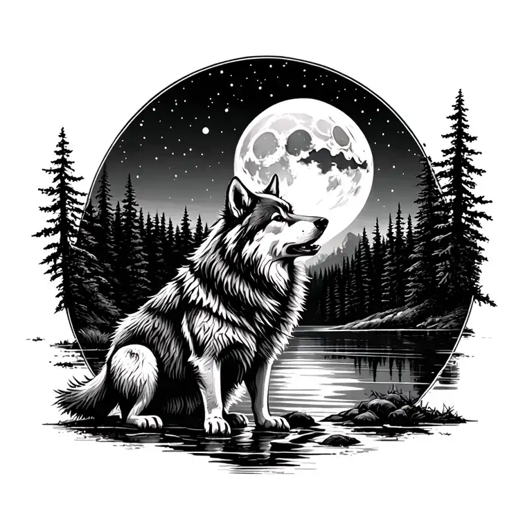 Adult Wolf In Front Of A Lake Forest Howling At The Moon In The Distance