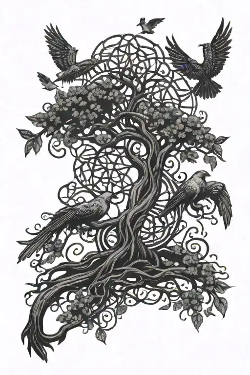 Celtic Tree With 4 Birds Flying Away