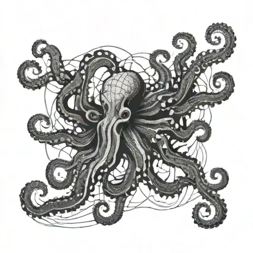 Nortical Sea Octopus Compas Map Grid Lines Connecting Various