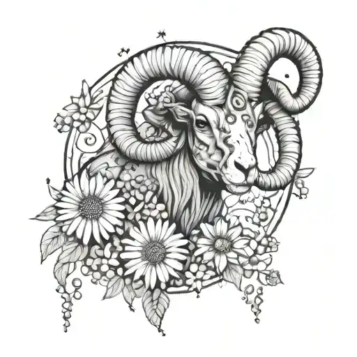 Aries Ram Constellation Intertwined With Daisies And Sweet Peas