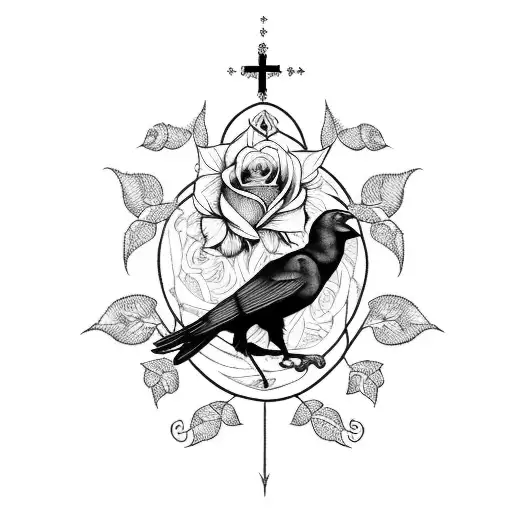 A Crow With A Rose Behind And A Far Gothic Church