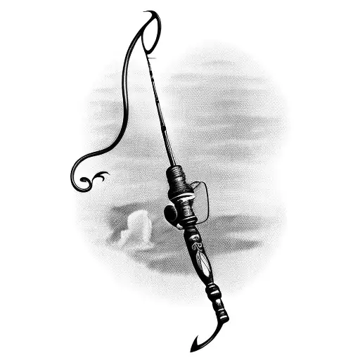 A Blackwork Tattoo Of A Fishing Rod And Reel With The Words 'In Memory Of Grandpa' Underneath