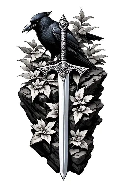Excalibur Sword Plantes In Its Rock With A Crow Perched