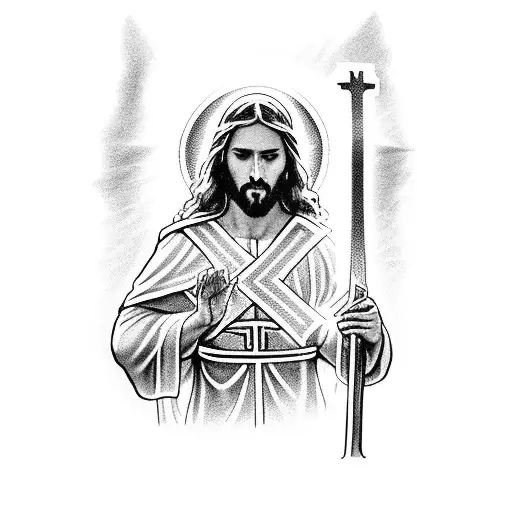 Jesus Holding Excalibur In One Hand And A Cross In The Other