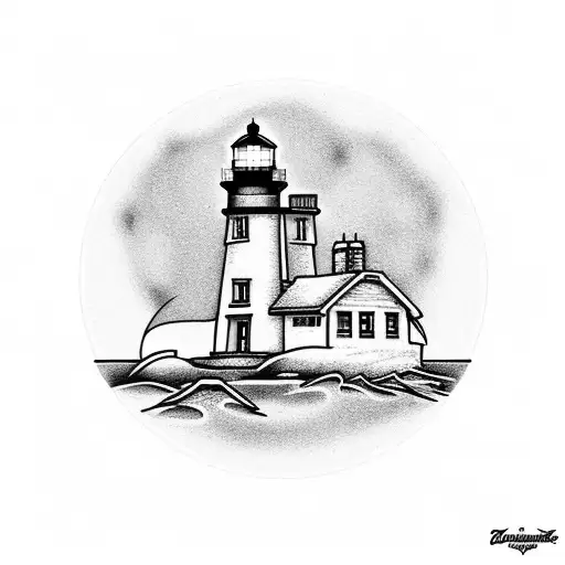 A Lighthouse On An Island In The Middle Of The Sea With The Moon Above It