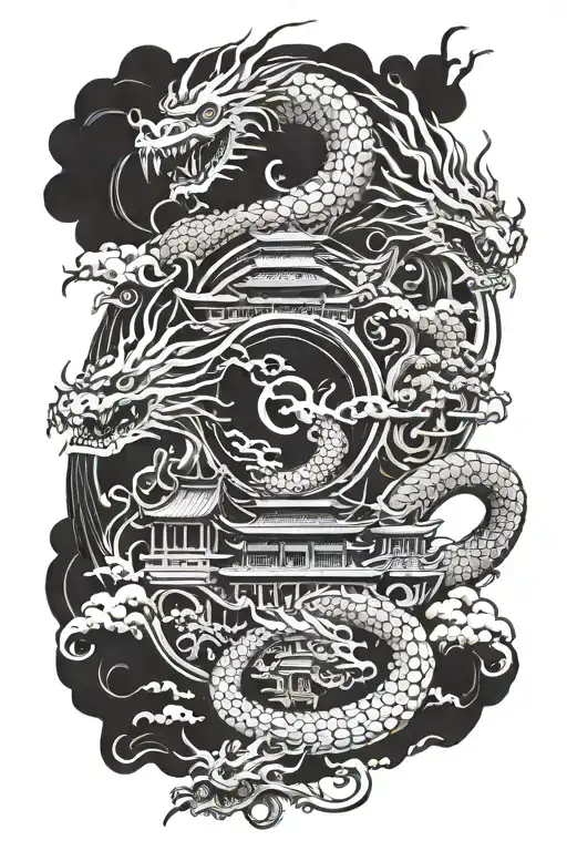 Japanese Temple With Demons And Dragons Forming An Yin-yang Symbol