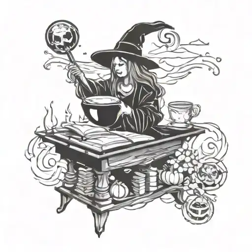Witch Reading Recipe Book Standing Over Couldron