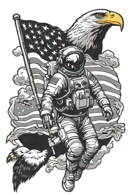 Astronaut With American Flag Background And Eagle On Arm Of Astronaut