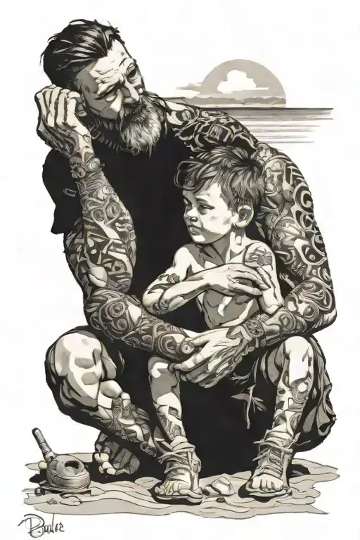 A Dad With His Dougther And Son Sits On The Beach And Chill