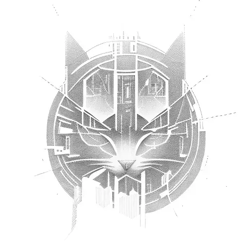 A Futuristic Cyberpunk Cityscape With A Hidden Cat Silhouette Among The Buildings