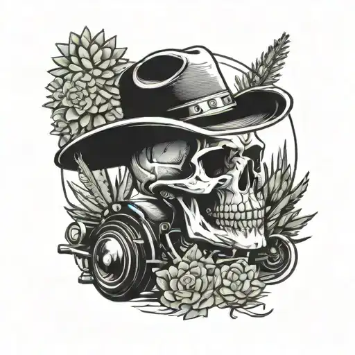 Skull With A Cowboy Hat Riding A Motorcycle Through A Desert Filled With Succulents