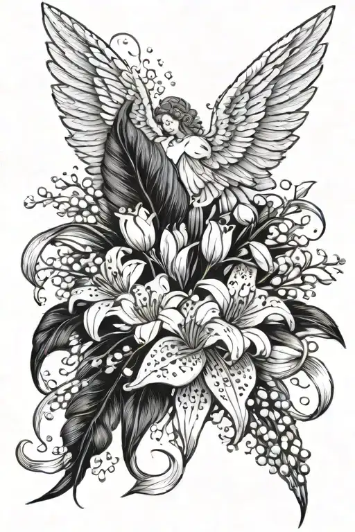 Angel Wings With Feathers And Lily Of The Valley Bouquet
