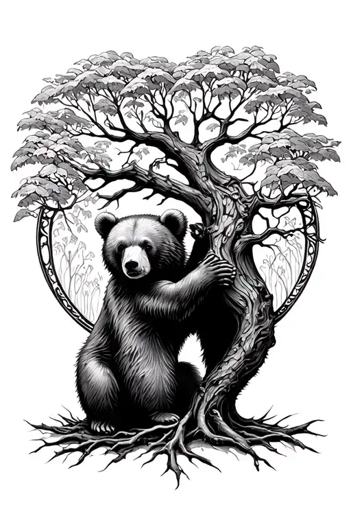 Baby Bear Hiding Behind Tree Of Life Intertwined
