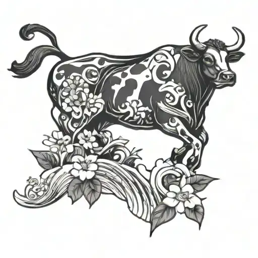 A Surreal Tattoo Of A Cow Surfing On A Wave Made Of Flowers