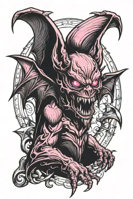 Bat Demon With Wings Spread Pink Eyes Pointy Ears Dark Background