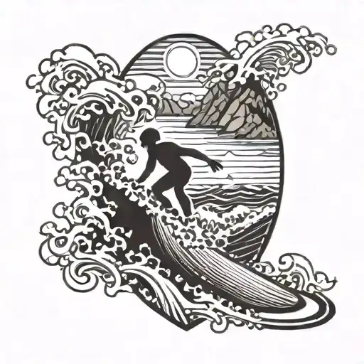 A Wave Breaking Over A Surfboard With A Mountain Biking Trail Weaving Through The Water