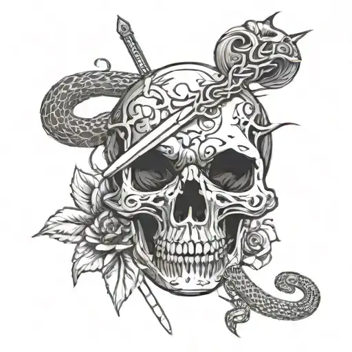 A Sword In A Skull And A Snake Wrapped Around It Tattoo