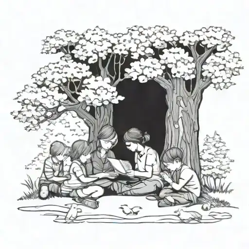 A Serene Forest Landscape With A Daycare Teacher Reading To A Group Of Children Under A Tree