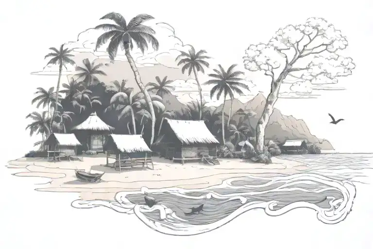Black And Grey Trapical Island With Carabao And Huts In The Background