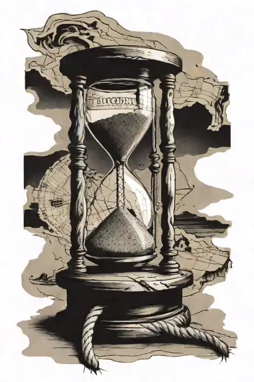 Old Wooden Hour Glass With Sand And Aged Map In The Background With Frayed Rope