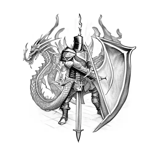 Knight With A Flaming Sword Fighting A Dragon