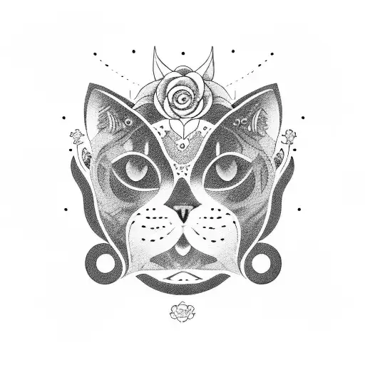 A Blackwork Tattoo Of A Cat Curled Up Among Abstract Flower Shapes