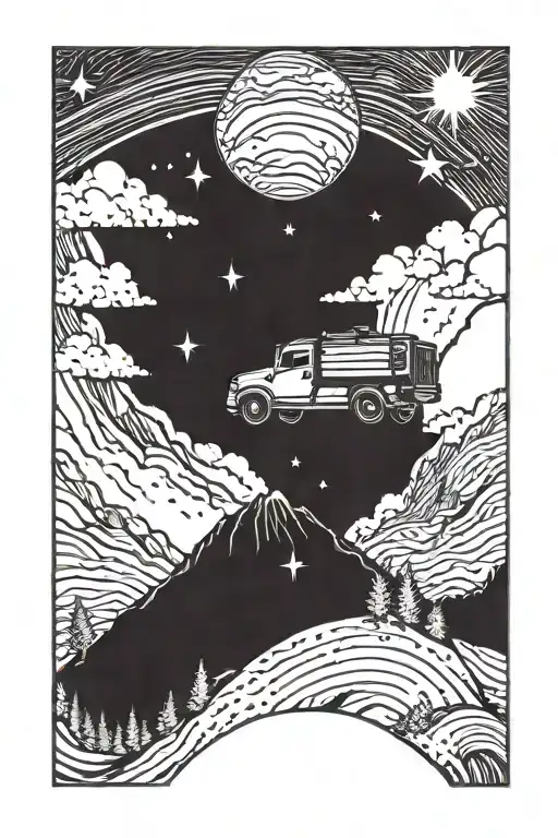 Truck On Mountain With Shooting Stars Night Sky