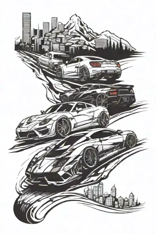 Sport Cars Racing In The Hill Overlooking The City