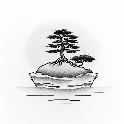 A Bonsai Tree Growing On A Small Island In The Middle Of The Ocean