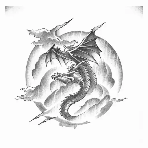 A Majestic Dragon Flying Through A Stormy Sky With Lightning Bolts In The Background
