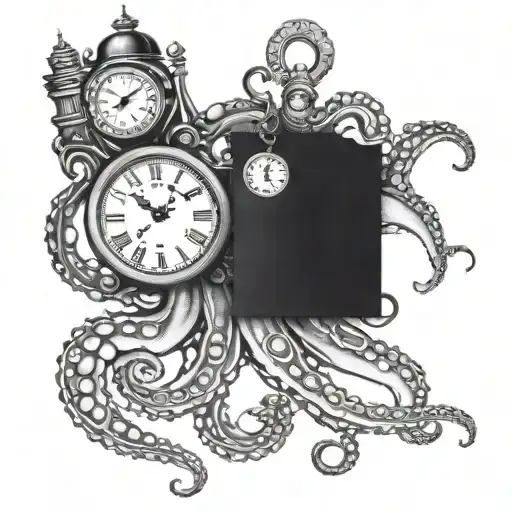 Octopus And Clock Arm Tattoo Black And White Realism