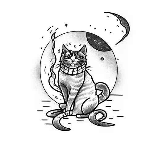Tarot Card Cats Dancing On Bonfire With Full Moon