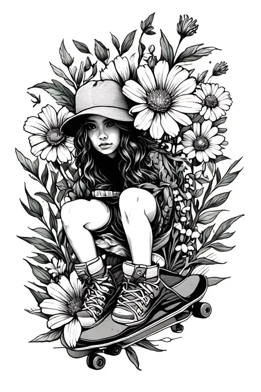 Calabera En Skate Surrounded By Wildflowers