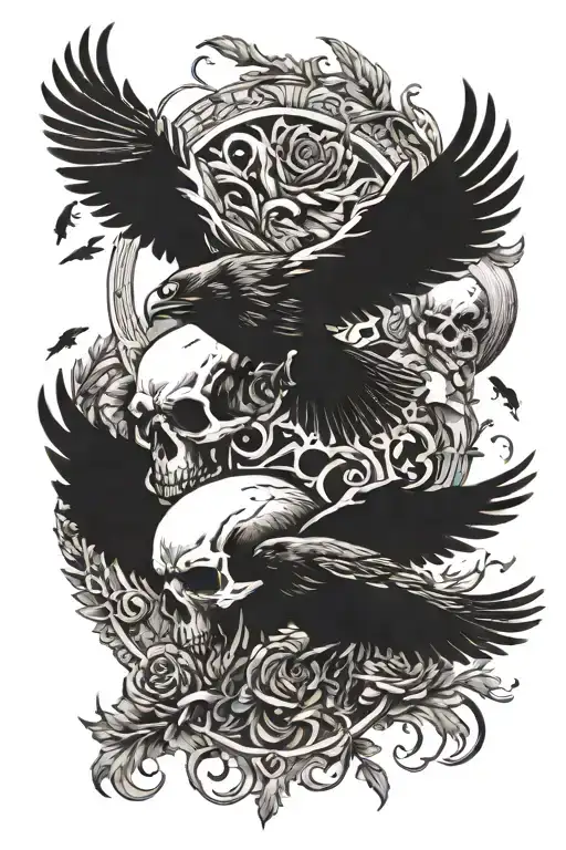 Death Skull And Ravens Flying