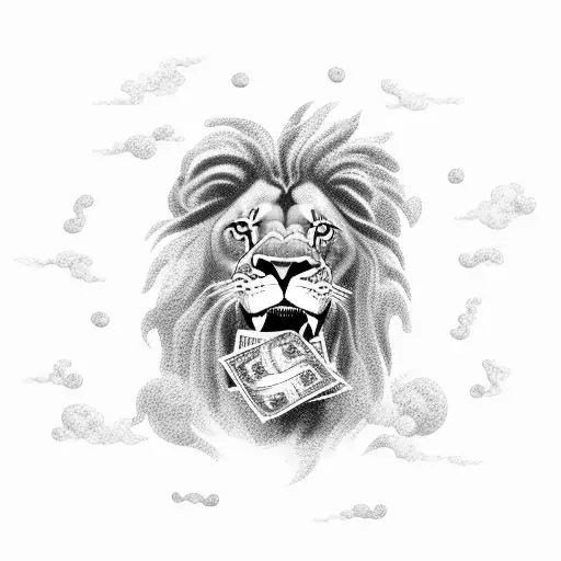 A Lion Holding A Bag Of Money In Its Mouth Surrounded By Swirling Clouds