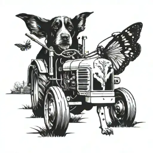 Tracter With Dog By Its Side And Butter Fly On The Tractor
