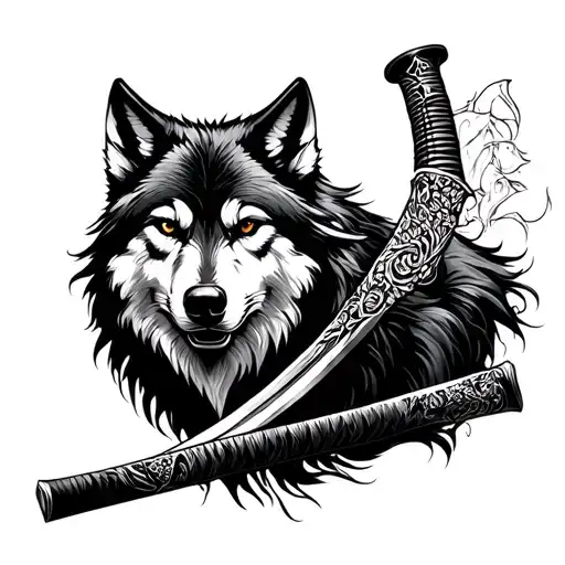 A Wolf Around A Katana Through The Sides Of Top To Bottom