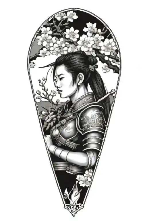 Female Chinese Warrior Wearing Armour Under A Blossome Tree