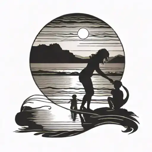 A Silhouette Of A Mother And Child Playing On The Beach At Sunset
