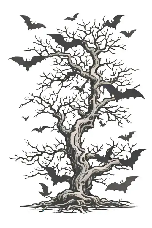 Tree With No Leaves With Bats Flying